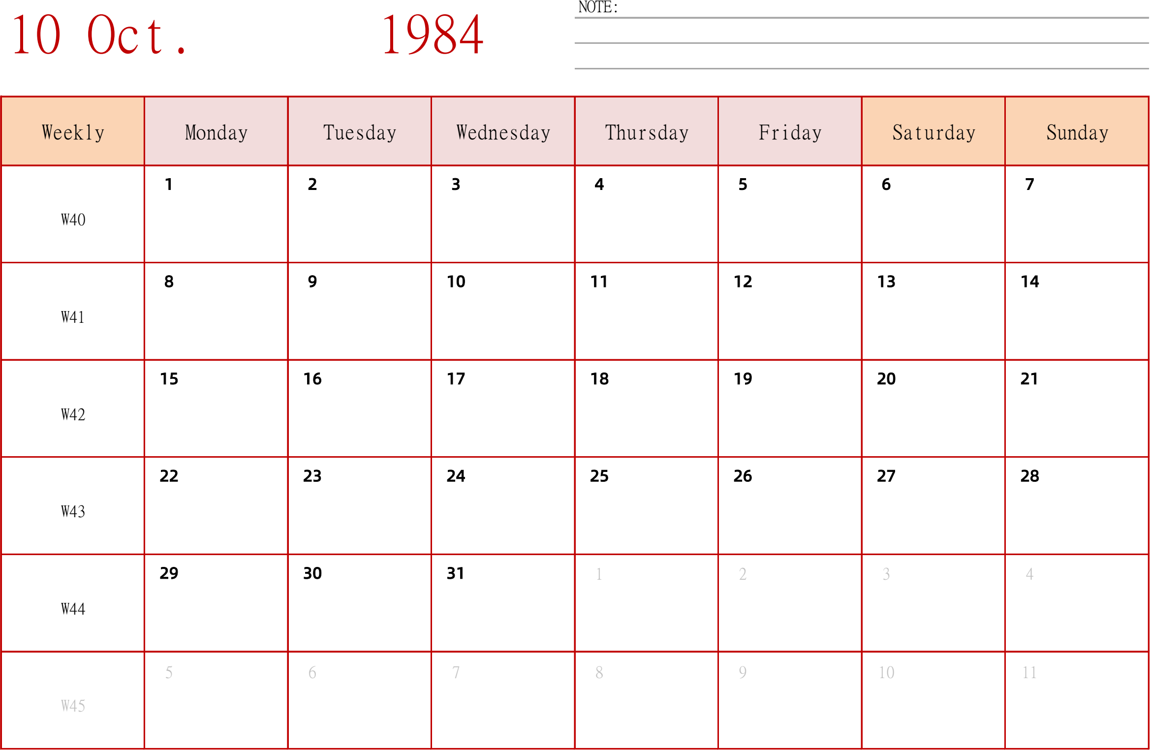 日历表1984年日历 英文版 横向排版 周一开始 带周数